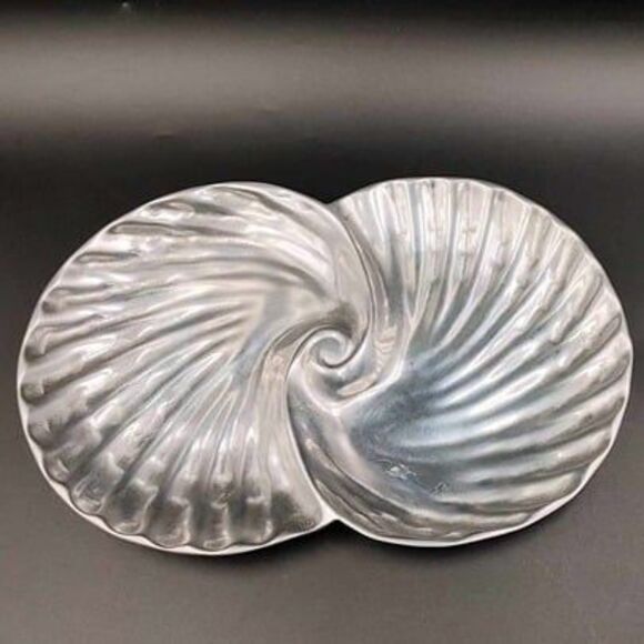 VTG Double Seashell Tray Dish Ocean Beach Hollywood Regency Mexico Pewter Silver - Picture 1 of 10